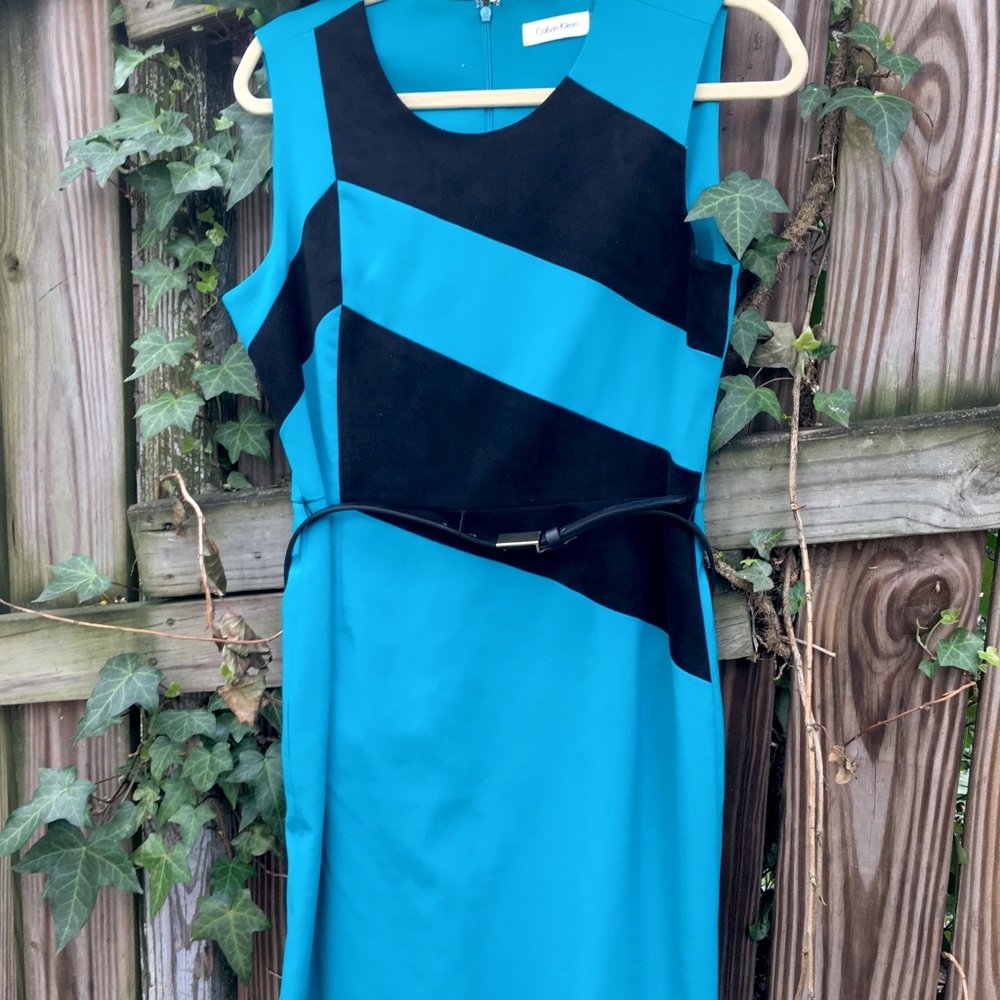 Calvin Klein Teal and Black Colorblock Midi Dress